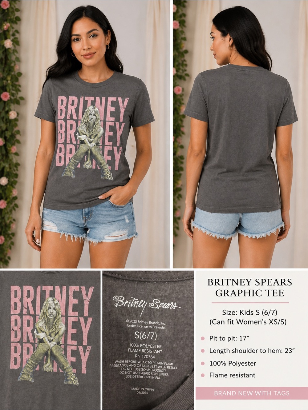 Britney Spears Graphic T-Shirt Gray Pink Kids S 6/7 Women XS/S NWT
